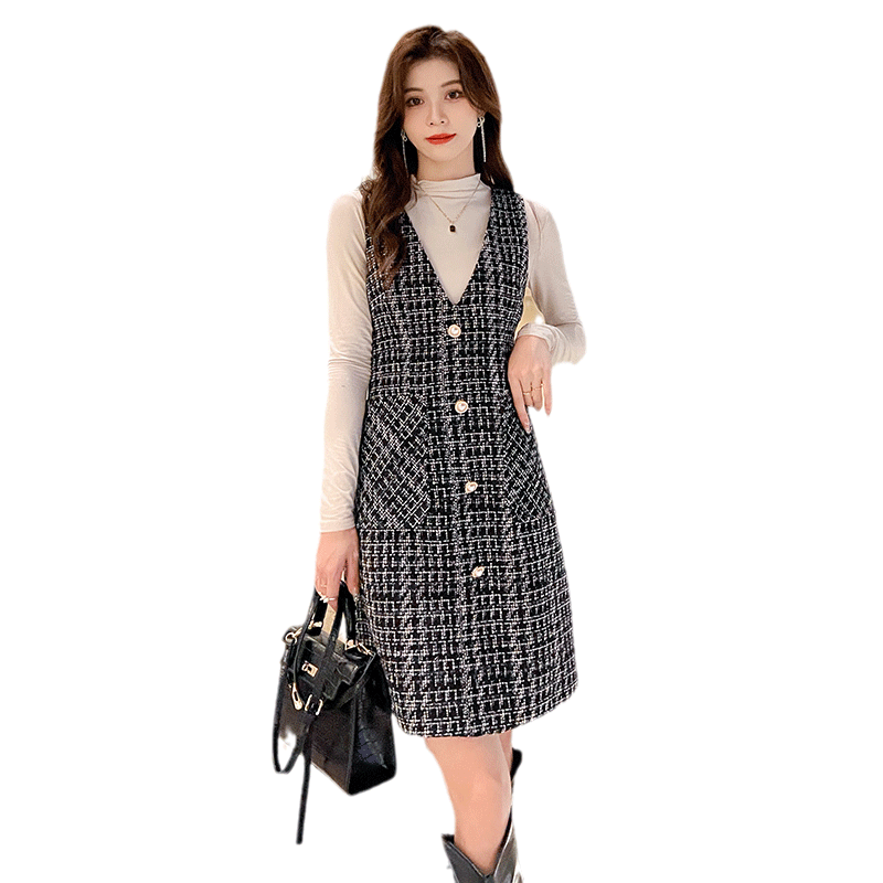 名媛小香凤千鸟格背带连衣裙女2025秋季新款中长款背心裙通勤裙子