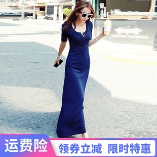 大裙摆黑色包臀春装 连衣裙女夏 莫代尔打底长裙单排扣半开领中长款