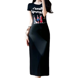 莫代尔短袖连衣裙女2026春夏新款修身大码休闲裙子修身显瘦T恤裙