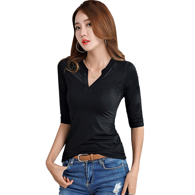 韩国女装新款春夏七分V领莫代尔