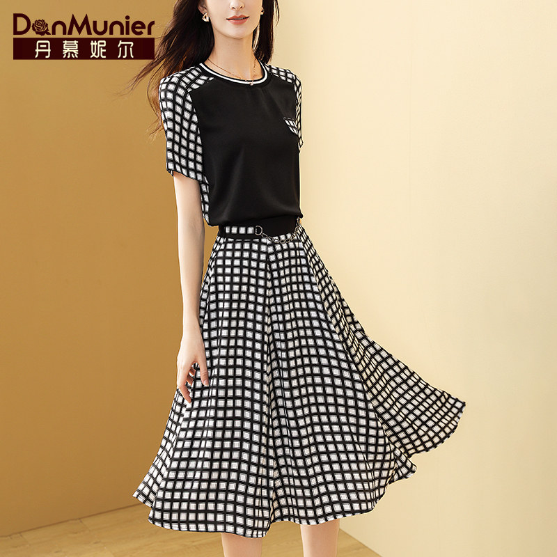 丹慕妮尔t恤套装裙女中长款夏装2023新款收腰显瘦气质格子两件套