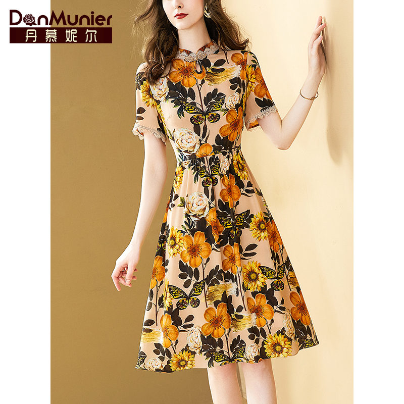 丹慕妮尔高端轻奢印花真丝连衣裙女夏2023新款收腰显瘦桑蚕丝裙子