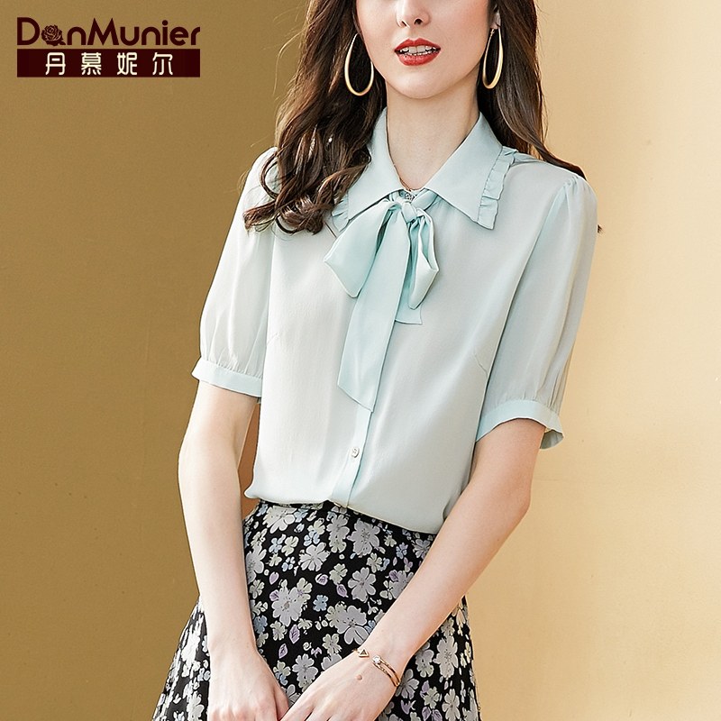 丹慕妮尔蝴蝶结飘带半袖真丝衬衫女夏装2023新款设计感桑蚕丝衬衣