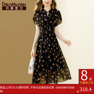 气质收腰显瘦长裙 新款 丹慕妮尔法式 黑色印花雪纺连衣裙女2024夏季
