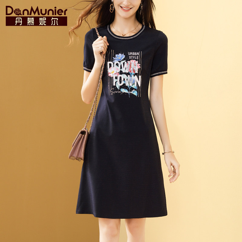 丹慕妮尔运动风休闲t恤连衣裙女夏装2023新款修身显瘦圆领裙子
