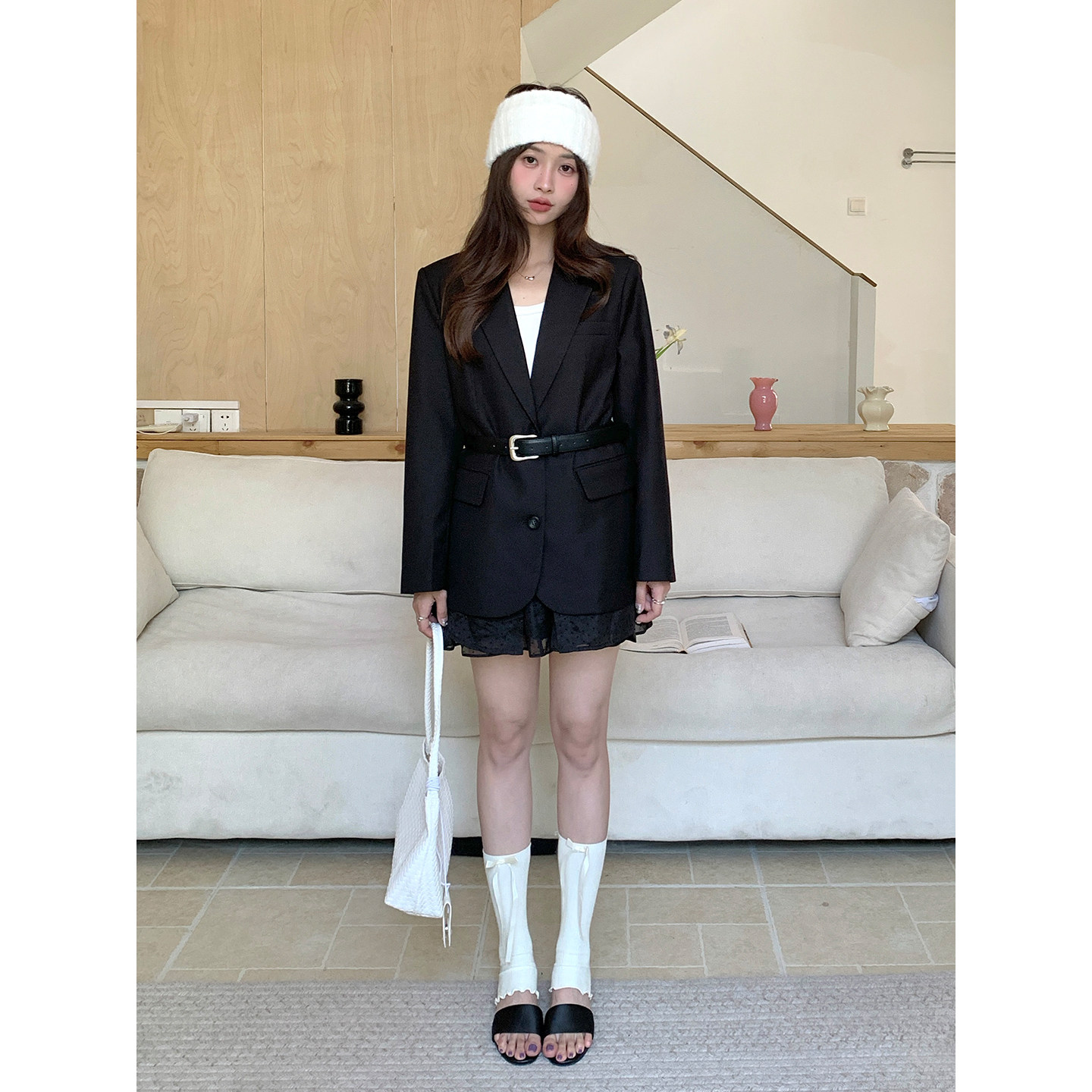 小众设计感系带西装外套 + 波点纱裙套装 显瘦遮肉甜酷风两件套