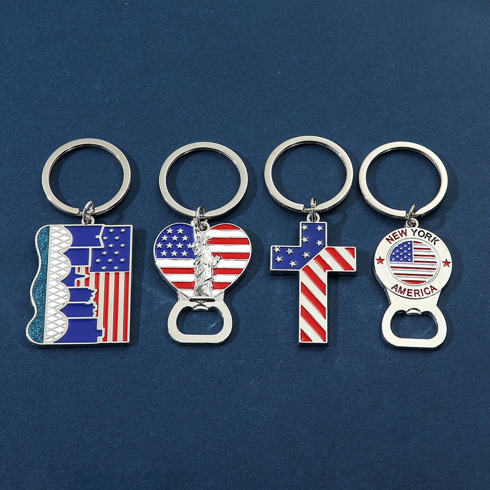 亚马逊新品美国独立日国旗钥匙扣十字架爱心开瓶器合金吊坠挂饰
