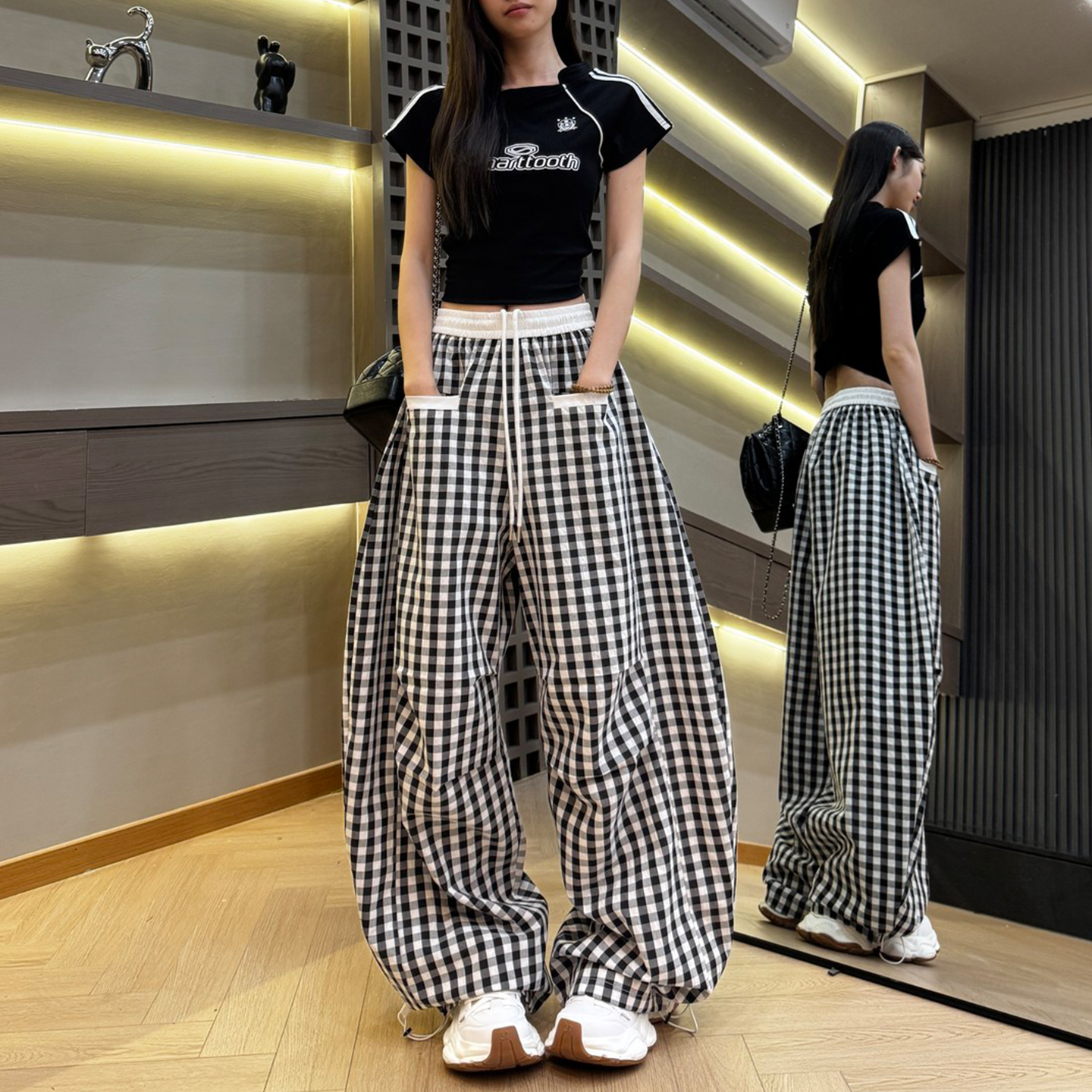 夏季复古新款美式格子时尚百搭薄款宽松女士弯刀阔腿裤垂坠感慵懒