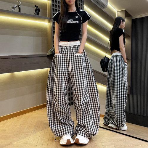 夏季复古新款美式格子时尚百搭薄款宽松女士弯刀阔腿裤垂坠感慵懒
