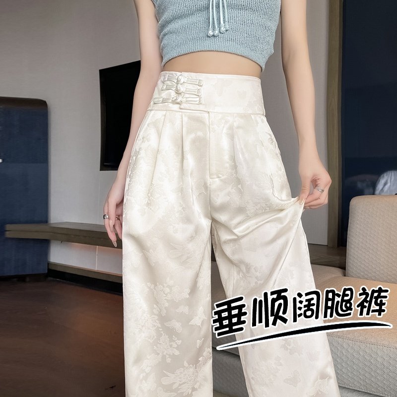 新中式国风缎面阔腿裤女夏小个子2025新款夏季薄款垂感休闲冰丝裤