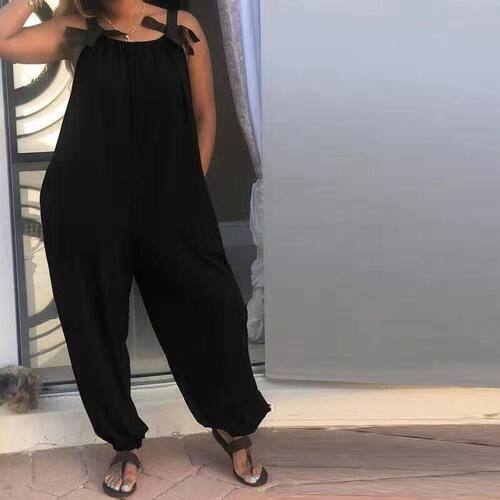 亚马逊爆款欧美女装纯色宽松连身衣休闲时尚蝴蝶结肩带吊带连体裤