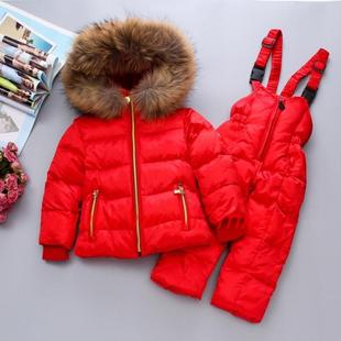 欧美冬装女童羽绒服套装防水户外滑雪套装加厚白鸭绒天然貉子毛