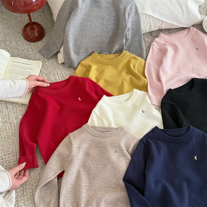 宝宝百搭套头针织衫秋冬男女童卡通刺绣弹力毛衣柔软内搭打底衫潮