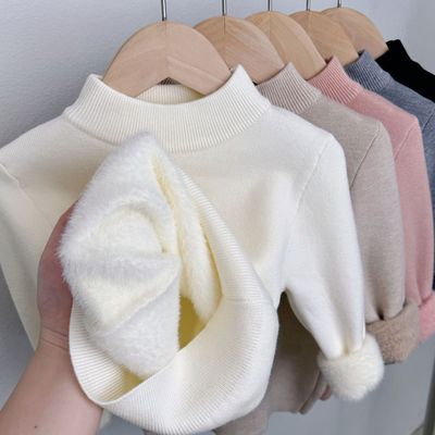男童一体绒毛衣儿童半高领针织衫女童白色加绒加厚毛线打底衣冬款