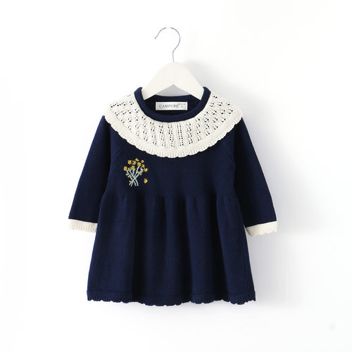 秋装女童连衣裙宝宝婴幼儿花边领针织毛衣裙子周岁生日A字礼服裙