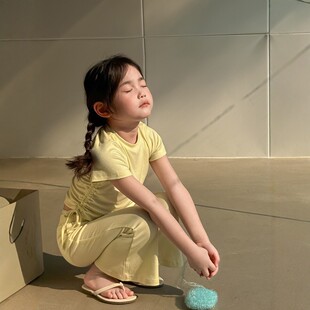 女童韩版抽绳短袖套装夏季新款纯色喇叭九分裤洋气时髦弹力两件套