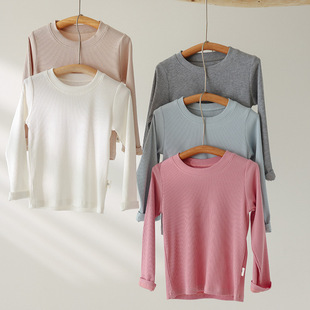 纯色T恤内搭 宝宝弹力保暖长袖 秋冬新款 男女童优可丝棉坑条打底衫