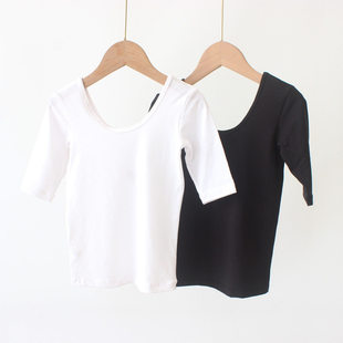 女童低领打底衫夏季薄五分袖莫代尔紧身舞蹈大U领汉服内搭上衣T恤