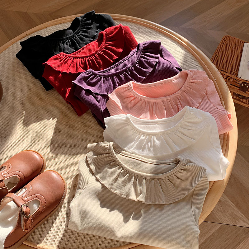 女童娃娃领打底衫春秋宝宝荷叶花边翻领纯棉弹力坑条套头公主T恤