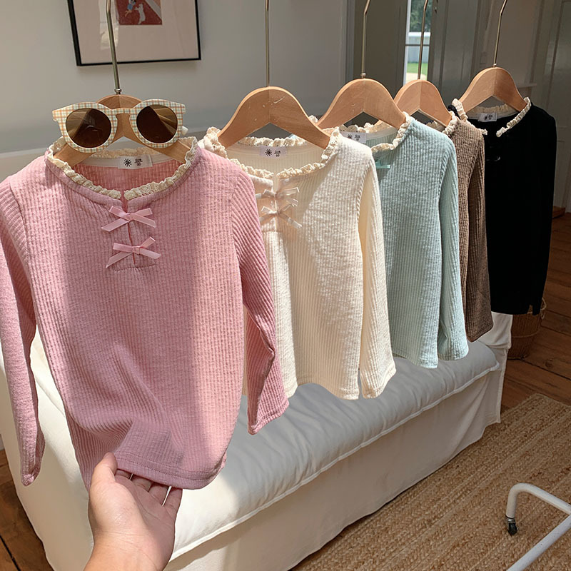 女童甜美上衣秋装宝宝双蝴蝶结蕾丝花边领韩版弹力坑条纯棉打底衫