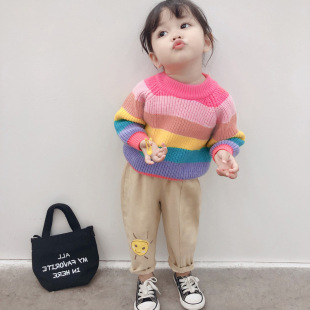 女童春秋毛衣2026新款宝宝套头彩虹针织衫儿童纯棉洋气开衫上衣潮