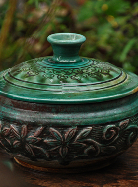 土陶柴烧蓝绿釉中式复古餐具茶杯炖肉锅耐高温陶大容量圆形陶土锅