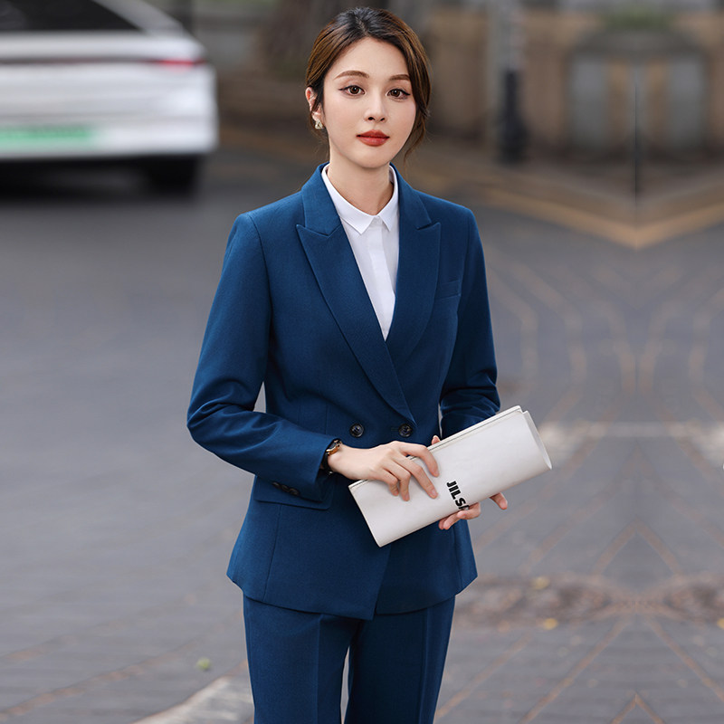 职业西服套装女时尚气质双排扣湖蓝色小西装商务春秋工作服正装