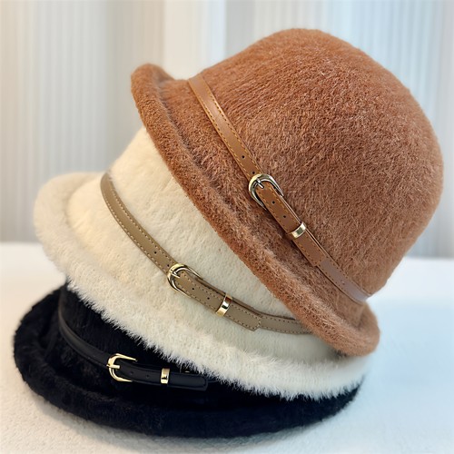 新款皮带扣羊毛帽女秋冬简约日系小帽檐礼帽渔夫帽显脸小圆顶盆帽