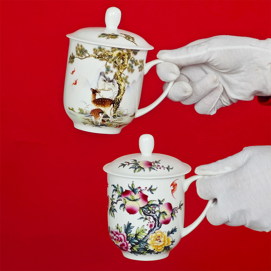 景德镇陶瓷茶杯 办公会议杯 长辈生日寿宴贺寿礼品 松鹤寿桃烧字
