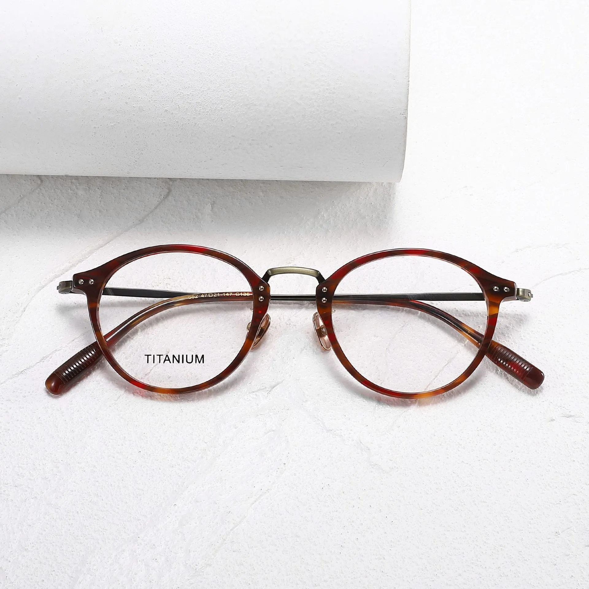 女款细小圆框纯钛眼镜框花玳瑁板材眼镜框雕花镜腿复古超轻文艺