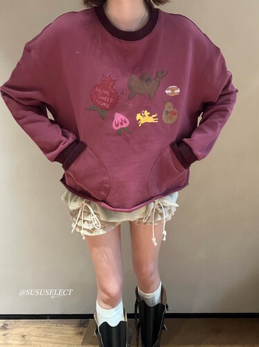 SUSUSELECT 法式小众烫金天使骆驼印花毛线圈卷边圆领宽松卫衣