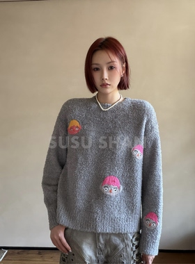 SUSUSHAN 美丽诺羊毛特种纱线手工刺绣圆领套头衫两色加厚针织衫