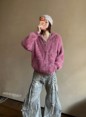 SUSUSELECT 秋冬梅果色宽松显瘦百搭连帽仿貂毛毛绒拉链外套女