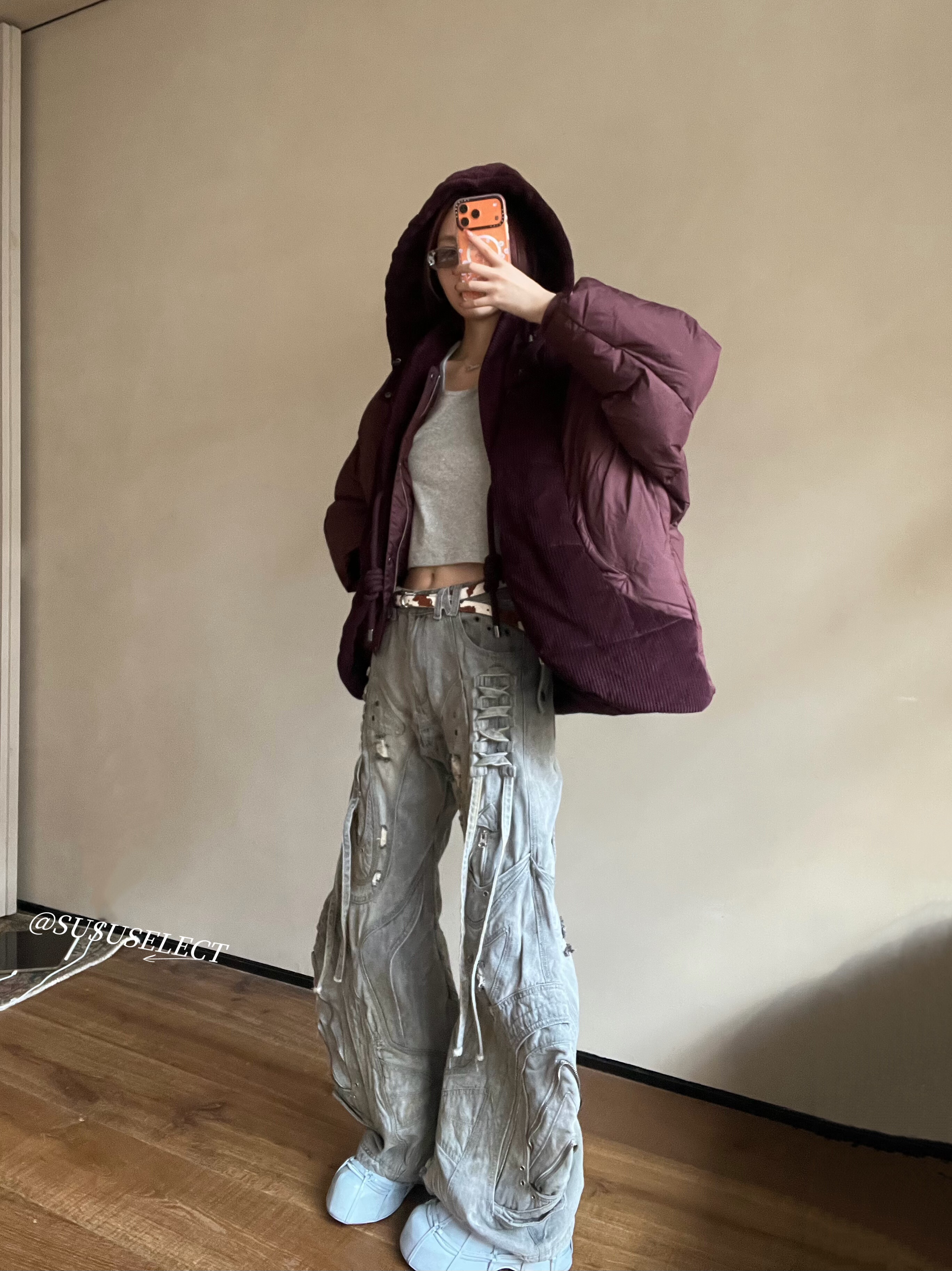 SUSU SELECT 酒红色90白鹅绒灯芯绒拼接连帽假两件宽松显瘦羽绒服