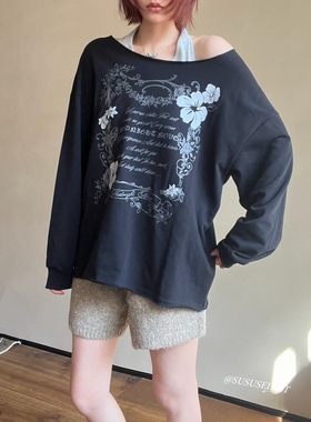 SUSUSELECT 金智羽同款 全棉复古印花挂脖字母露肩卫衣宽松显瘦女
