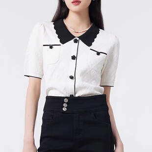 25春夏新款小香风翻领针织开衫女短袖上衣POLO领白色针织短袖