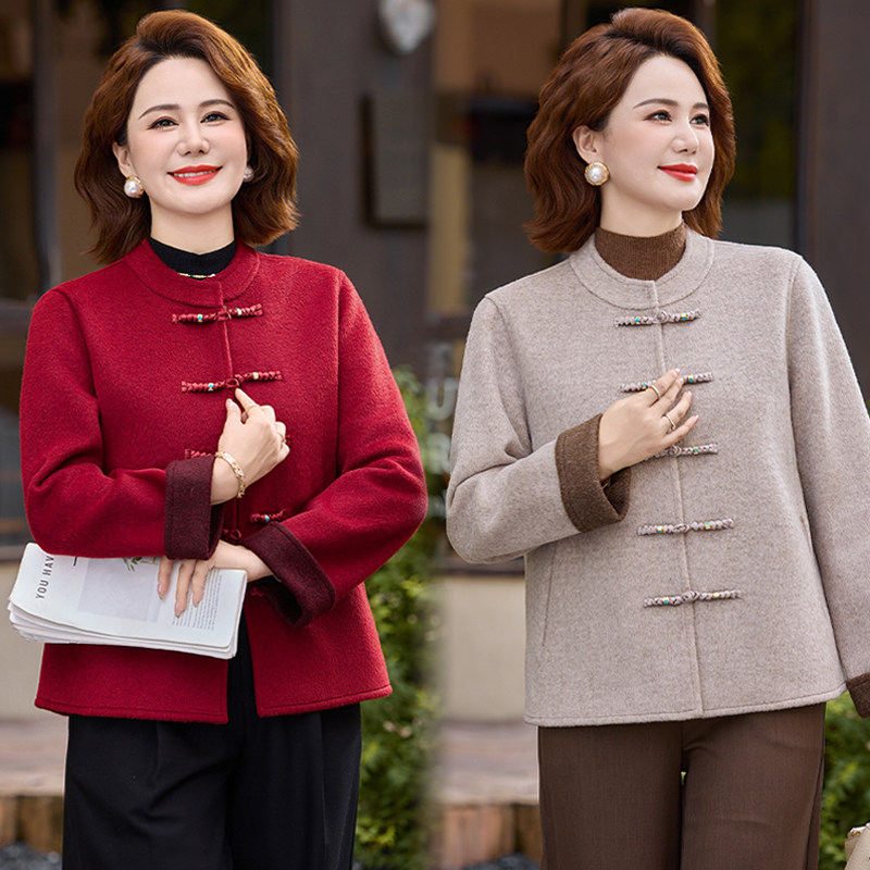 妈妈双面呢秋装新中式国风外套中老年女装洋气宽松短款毛呢上衣