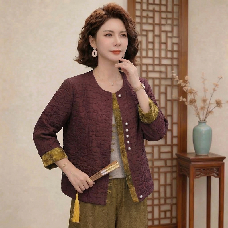 洋气中年妈妈春装国风外套2026新款中老年人女装春秋盘扣圆领上衣