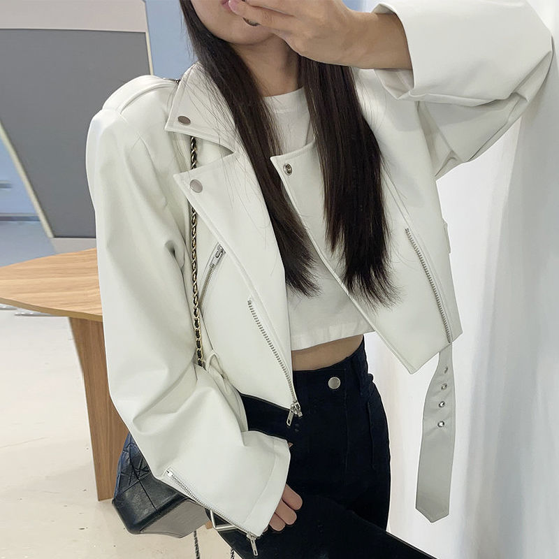 短款机车皮衣外套女2026年春季新款高级感黑色西装领大口袋PU外套