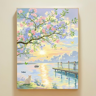 治愈系风景数字油画diy填充填色画成人手工手绘丙烯画浪漫装 饰画