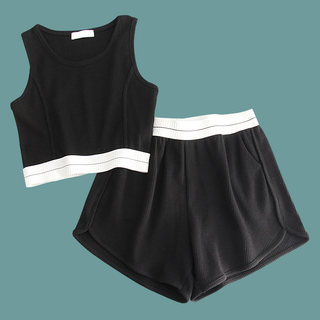 跑步 健身房休闲运动套装女 时尚露脐背心短裤两件套 小个子夏装
