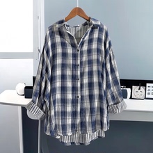 韩系穿搭格子长袖衬衫女夏季2025新款慵懒风纯棉宽松显瘦上衣薄款