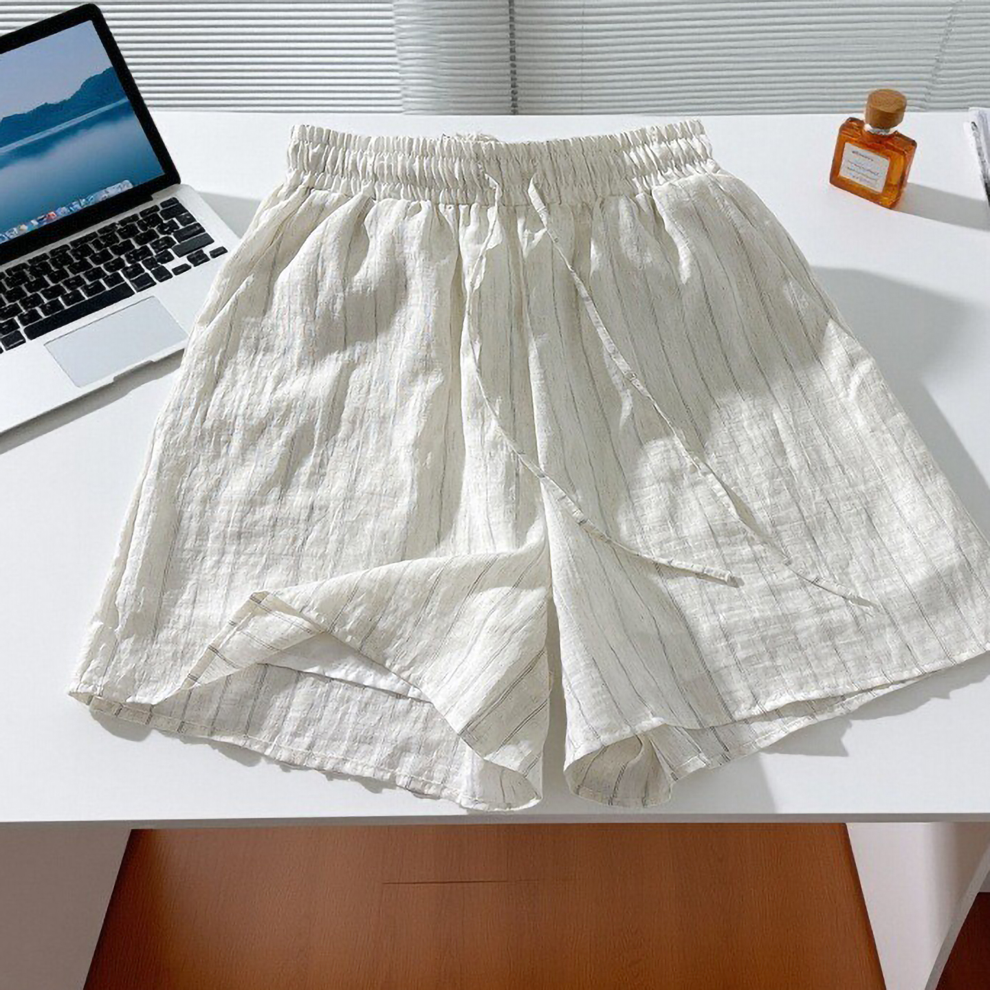 棉麻竖条纹休闲短裤女夏薄款运动松紧腰宽松a字阔腿外穿热裤凉感