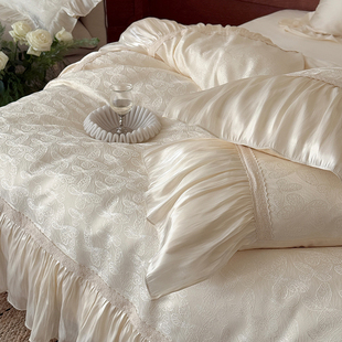 公主风120支天丝棉四件套四季田园床单套件米白色床上用品