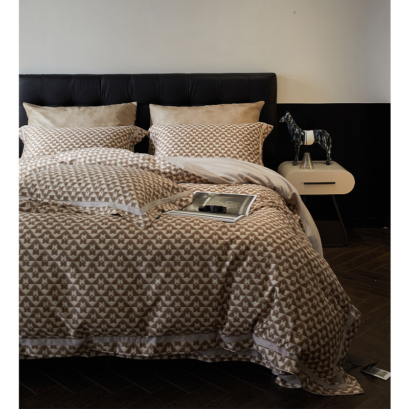 意大利进口轻奢保暖140支丝棉磨毛四件套全棉印花肌理纹床单床品