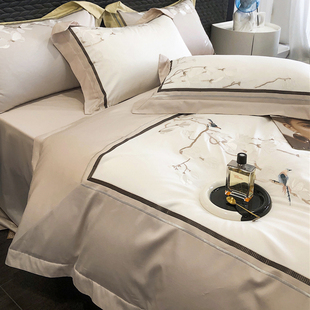 新中式120支长绒棉刺绣贡缎四件套全棉亲肤细腻裸睡床单床品1.8