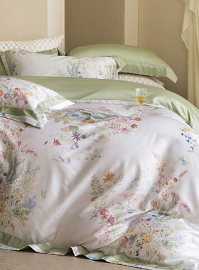 春夏轻奢120S天丝棉亲肤四件套田园印花被套裸睡高级感床单床品