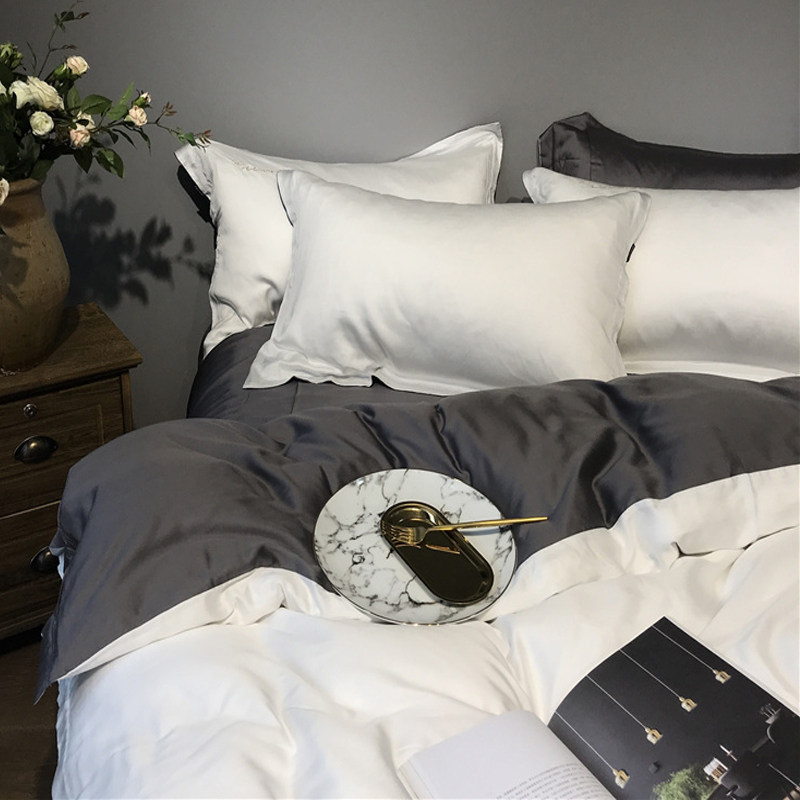 简约纯色80支双面天丝四件套 纯色拼接绣花莱赛尔床上用品包邮