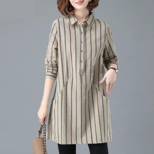女装 韩版 宽松条纹衬衣女 春装 衬衫 大码 中长款 上衣女 女2025年新款