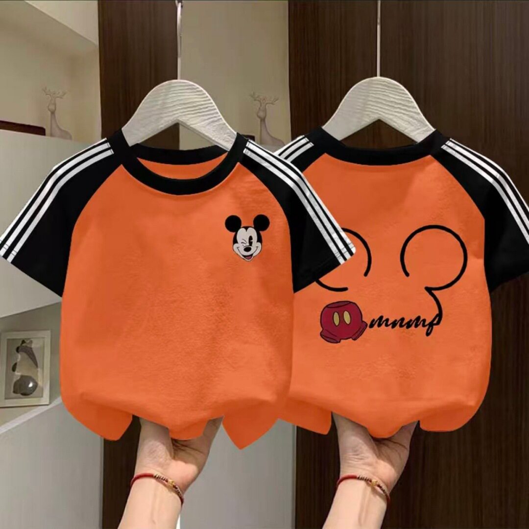 纯棉韩版男女童三条杠短袖t恤新款中大童装字母印花儿童洋气上衣